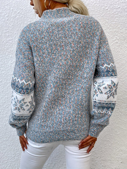 Fair Isle Snowflake Mock Neck Sweater – Relaxed Fit Winter Pullover
