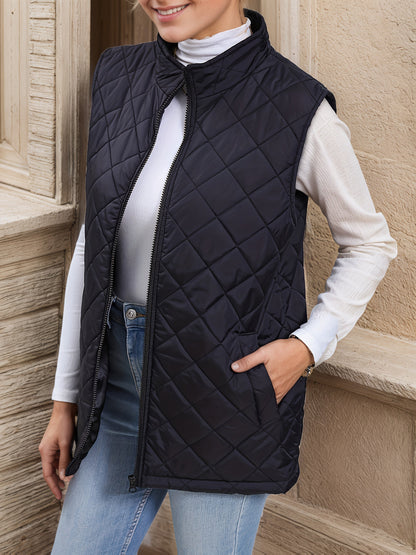 Diamond Quilted Longline Vest – Women's Sleeveless Zip Puffer Vest