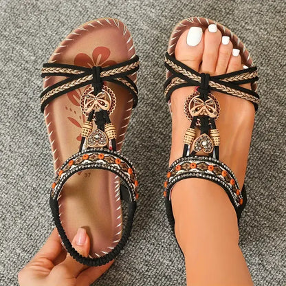 Boho Beaded Flat Sandals – Rhinestone Elastic Ankle Strap Summer Sandals