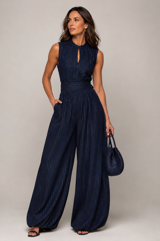 Navy Pinstripe Wide-Leg Jumpsuit – Sleeveless High-Waist Formal