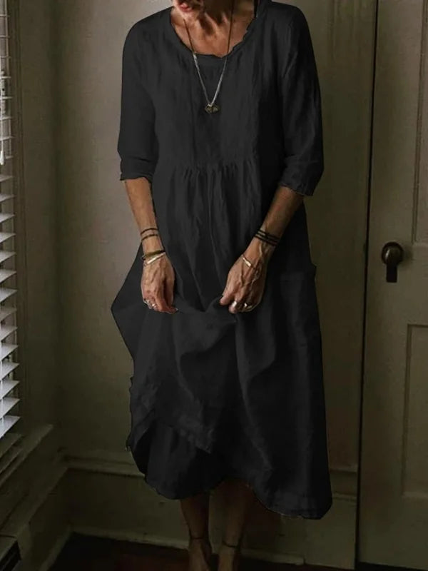 Women's Linen Midi Dress – Loose Fit 3/4 Sleeve Round Neck Casual Dress