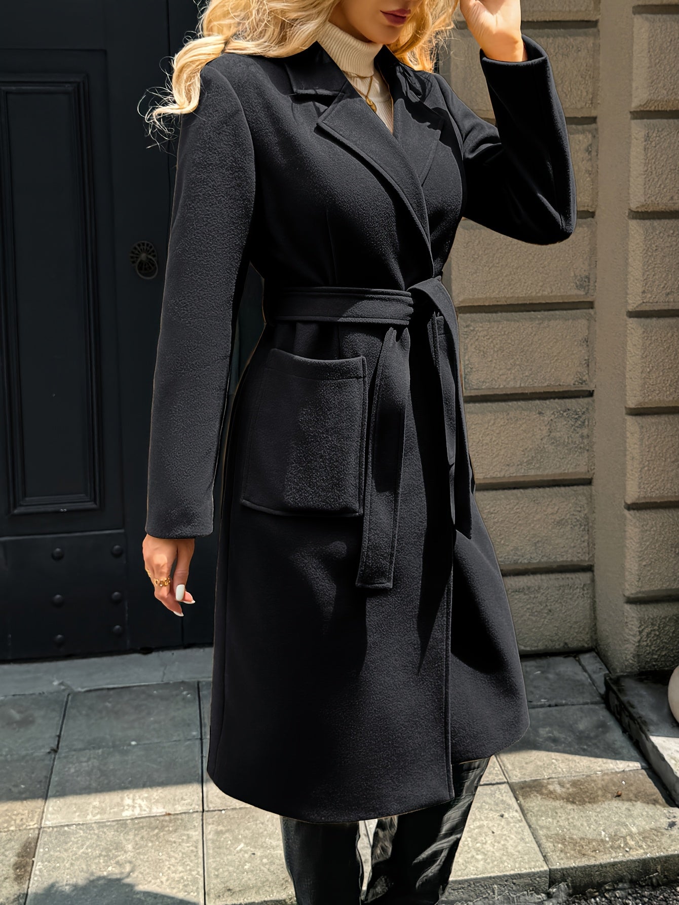 Belted Wool-Blend Long Coat – Lapel Wrap Camel Overcoat