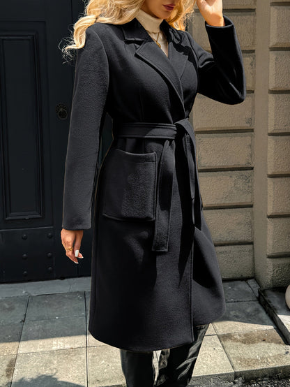 Belted Wool-Blend Long Coat – Lapel Wrap Camel Overcoat