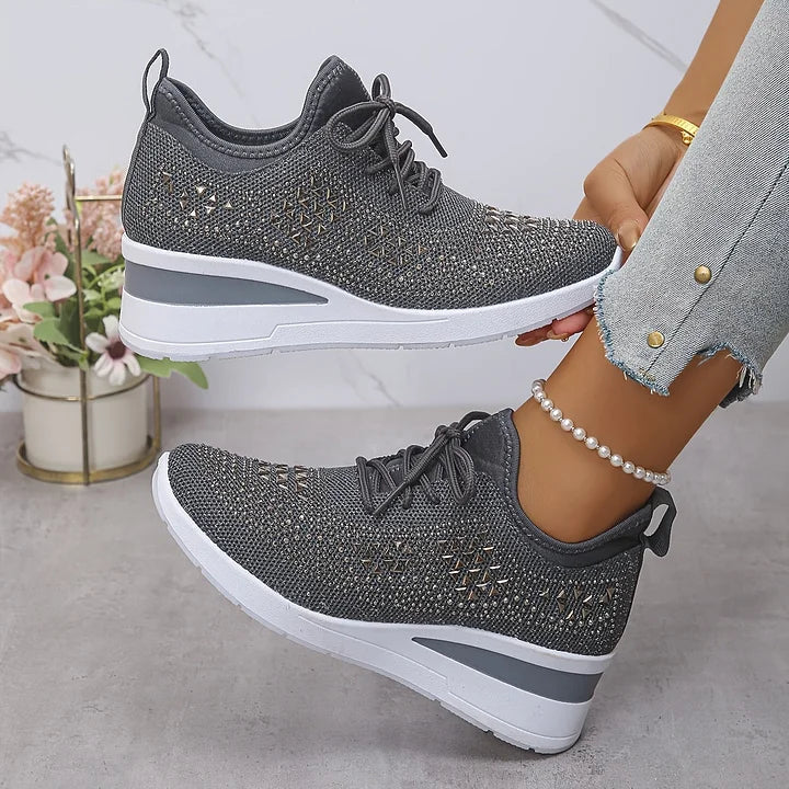 Rhinestone Knit Wedge Sneakers – Lace-Up Casual Platform Shoes