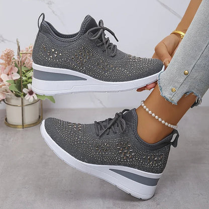 Rhinestone Knit Wedge Sneakers – Lace-Up Casual Platform Shoes