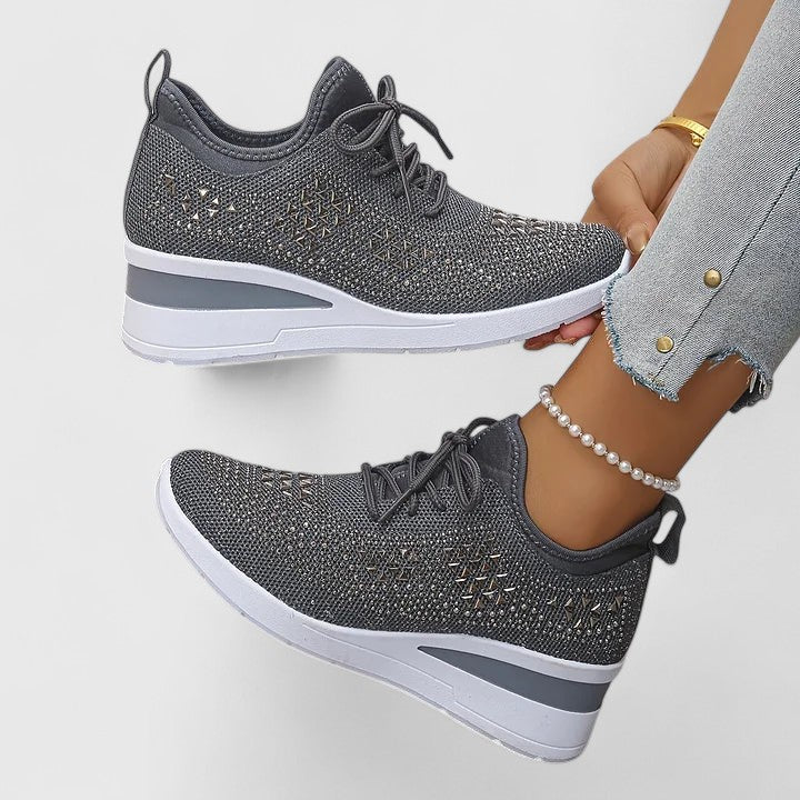 Rhinestone Wedge Sneakers – Women's Knit Lace-Up Platform Shoes