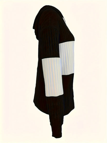 Colour Block Zip-Up Hoodie Jacket – Ribbed Knit Long Sleeve