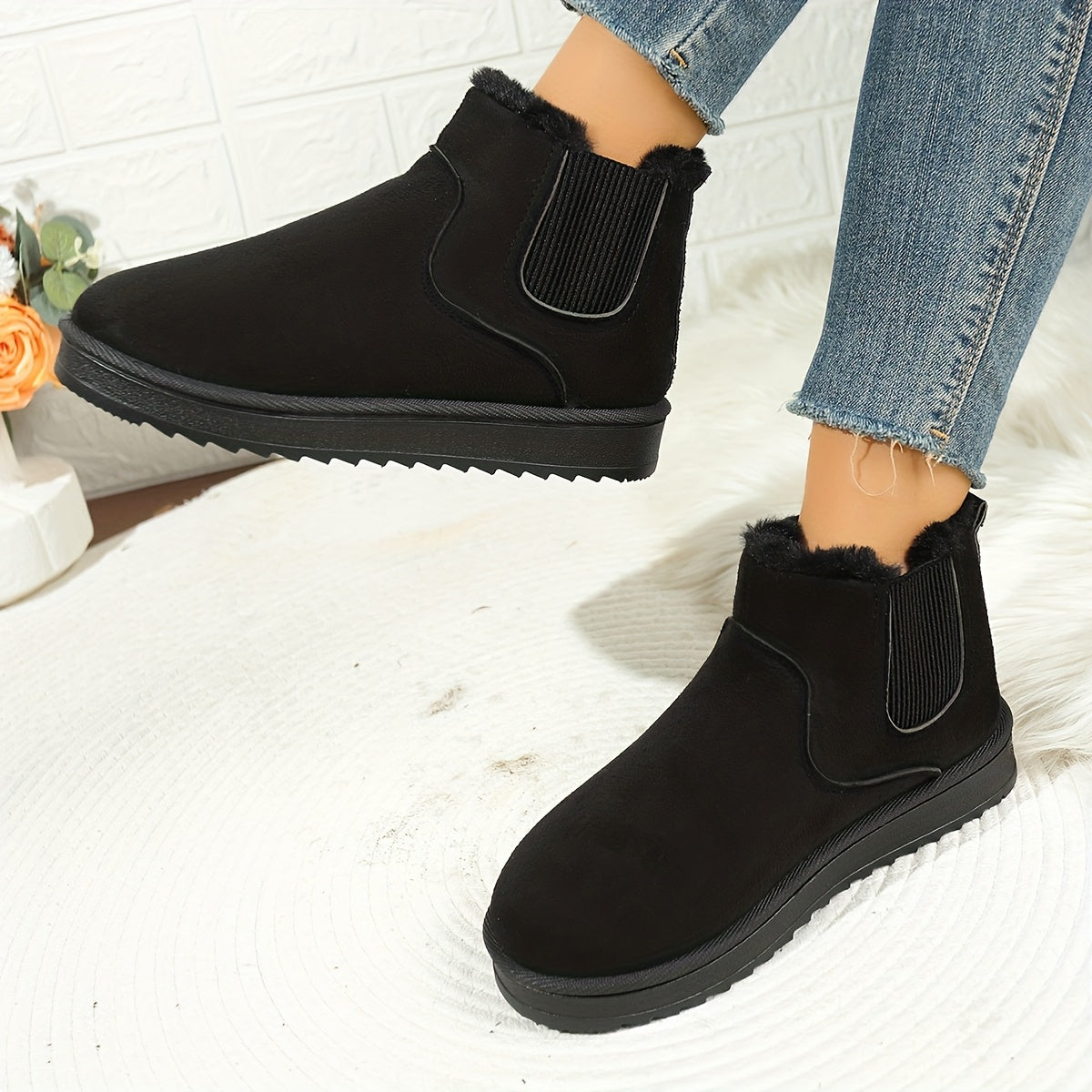 Faux Suede Fur-Lined Slip-On Ankle Boots – Plush Winter Booties