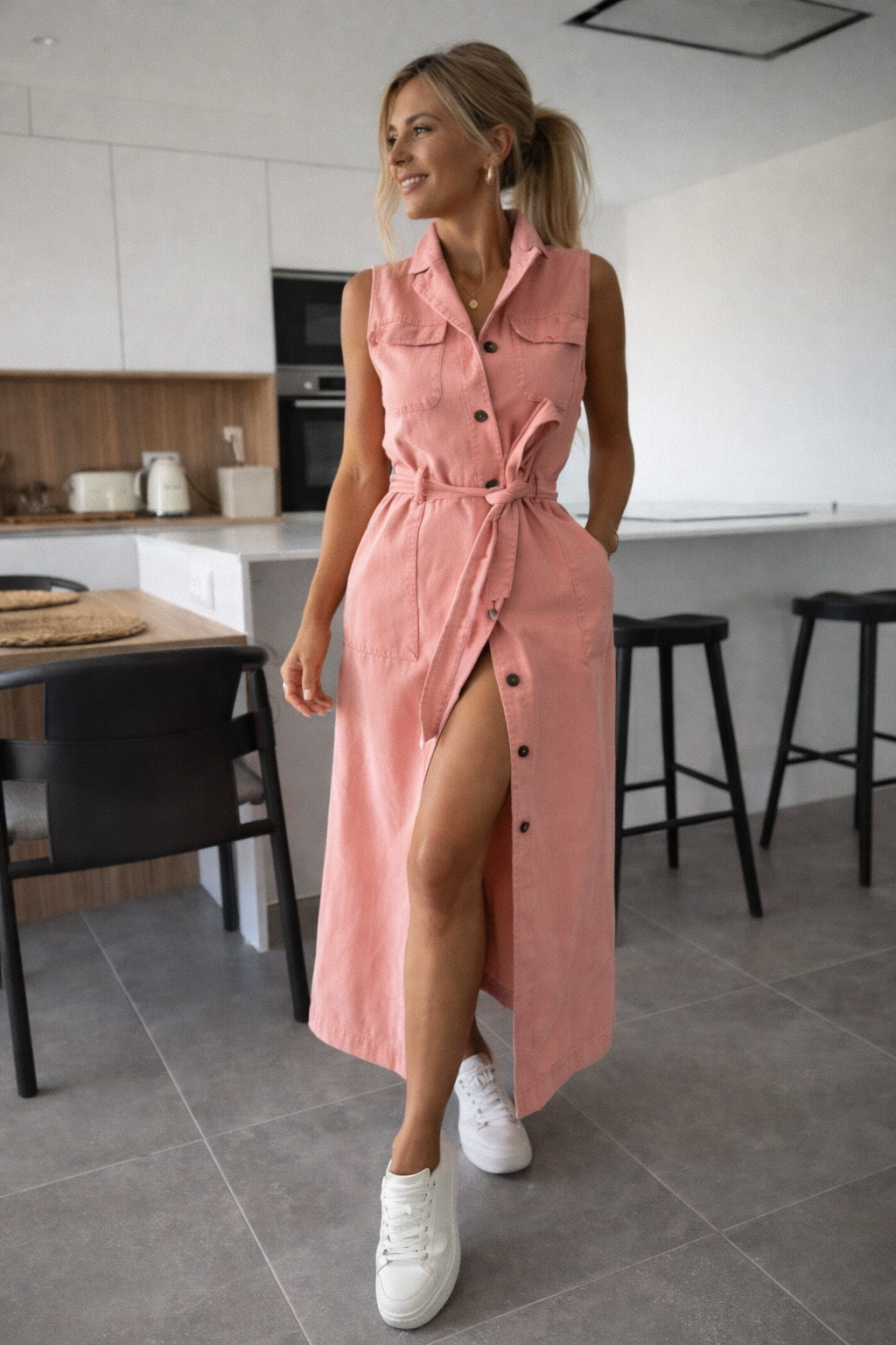 Women's Sleeveless Denim Maxi Dress – Button-Front Belted Shirt Dress