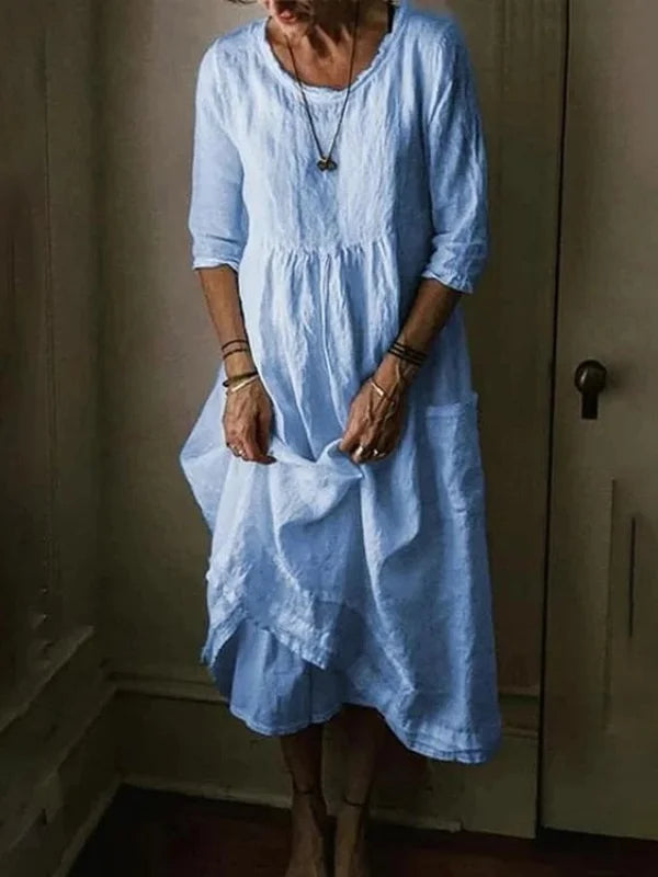 Women's Linen Midi Dress – Loose Fit 3/4 Sleeve Round Neck Casual Dress