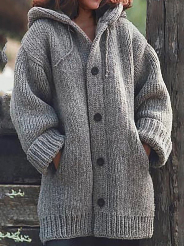 Chunky Knit Hooded Cardigan – Oversized Button-Front with Pockets