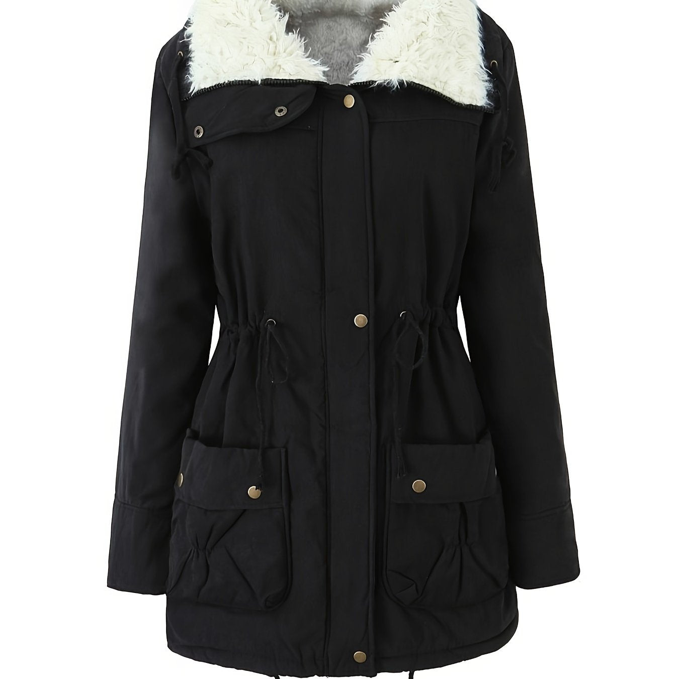 Fleece-Lined Hooded Parka – Women's Drawstring Waist Winter Coat