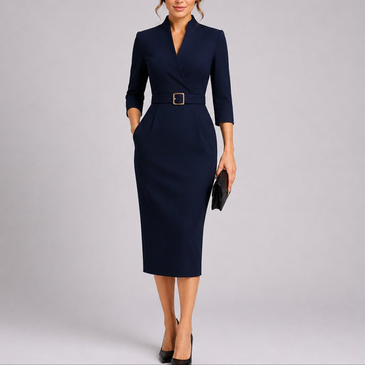 Belted Bodycon Midi Dress – V-Neck 3/4 Sleeve Work to Wedding