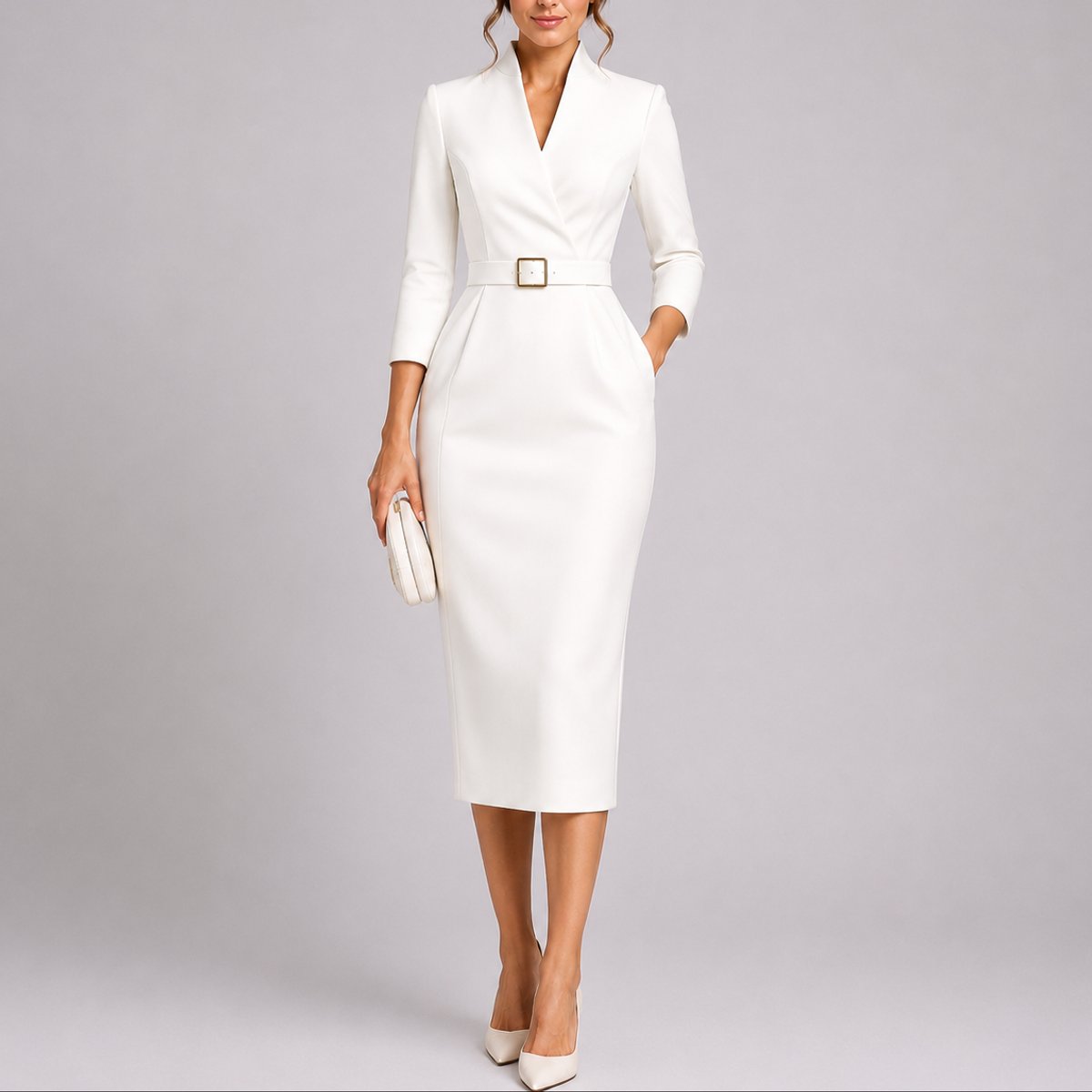 Belted Bodycon Midi Dress – V-Neck 3/4 Sleeve Work to Wedding