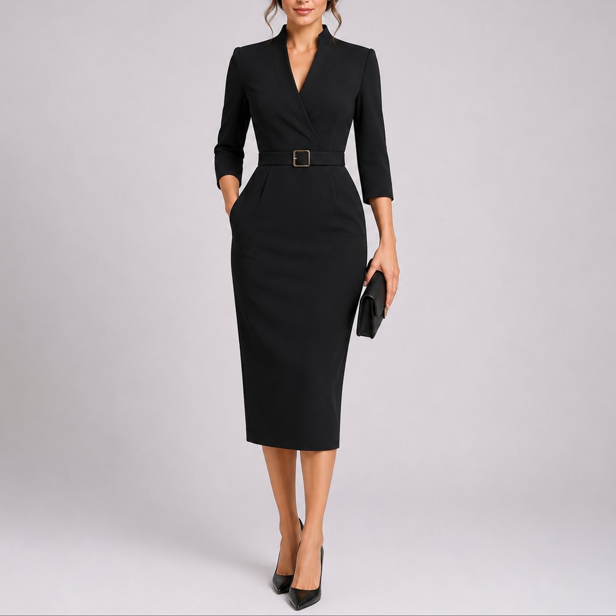midi bodycon dress for wedding Belted – V-Neck 3/4 Sleeve – Elixy Supply Long backless dress Color:subtle black wash with similar colours Twirl into your next