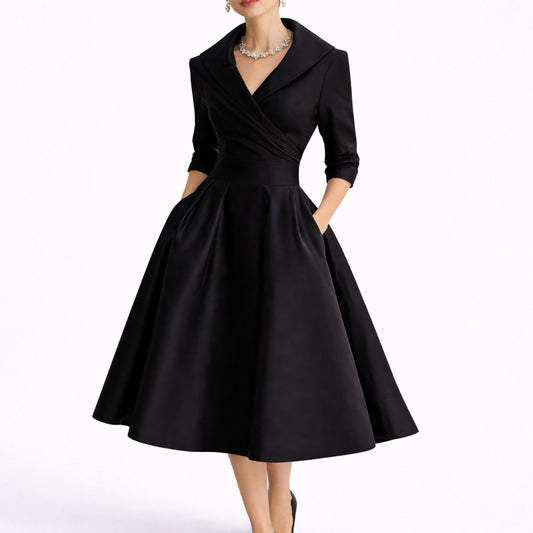 A-Line Wrap Midi Dress – V-Neck 3/4 Sleeve Wedding Guest Dress