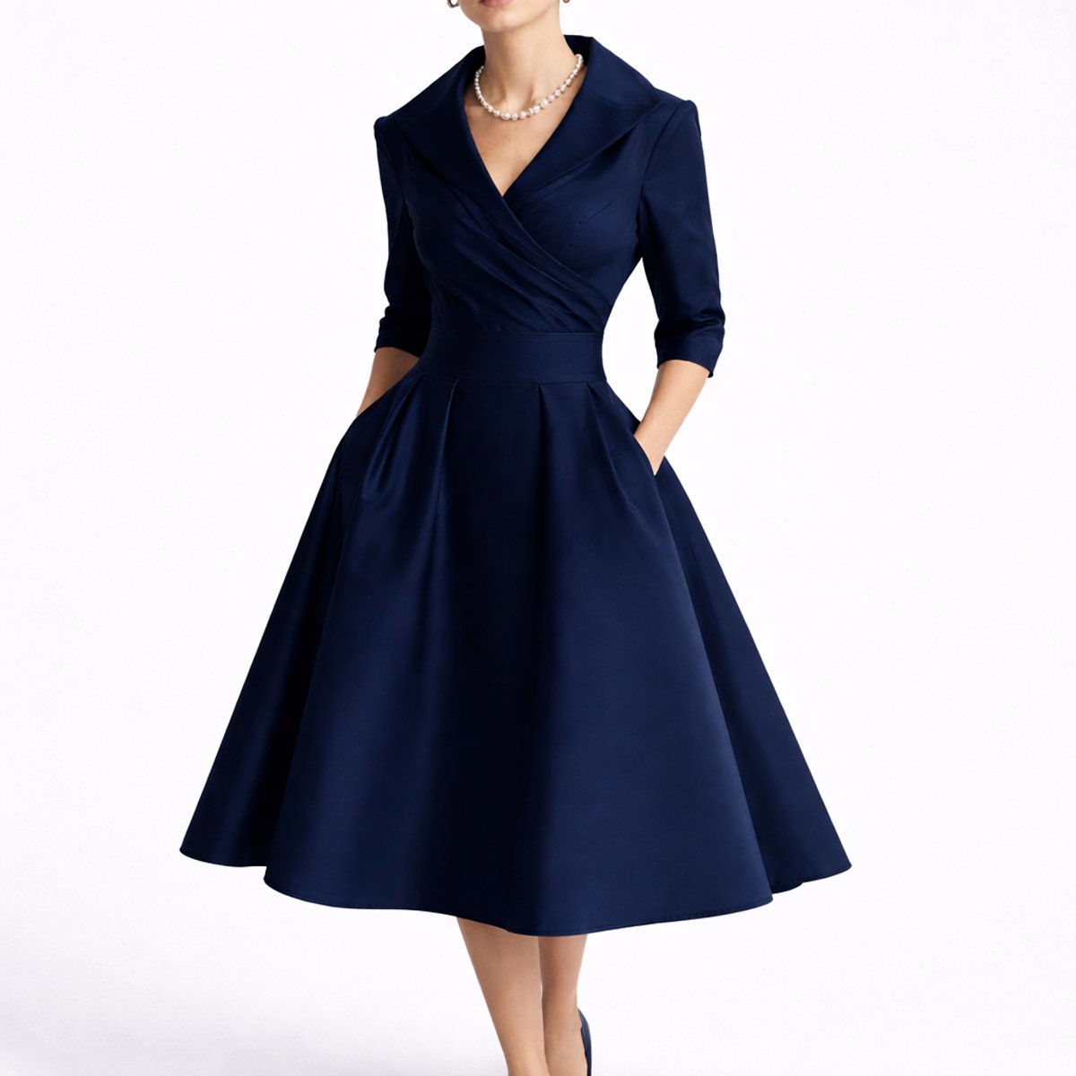 A-Line Wrap Midi Dress – V-Neck 3/4 Sleeve Wedding Guest Dress