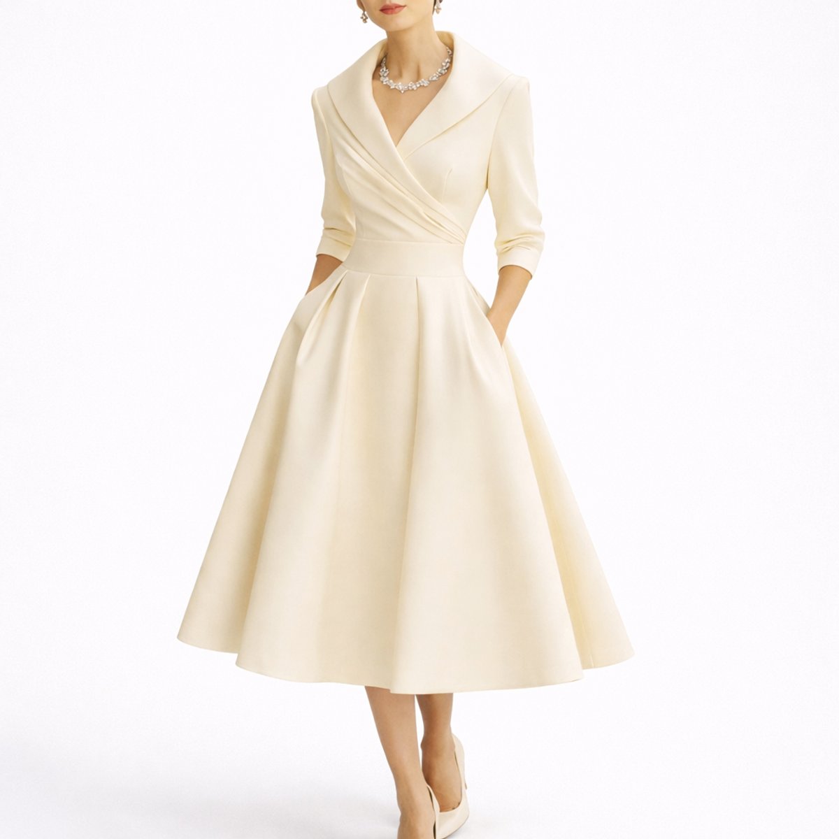 A-Line Wrap Midi Dress – V-Neck 3/4 Sleeve Wedding Guest Dress