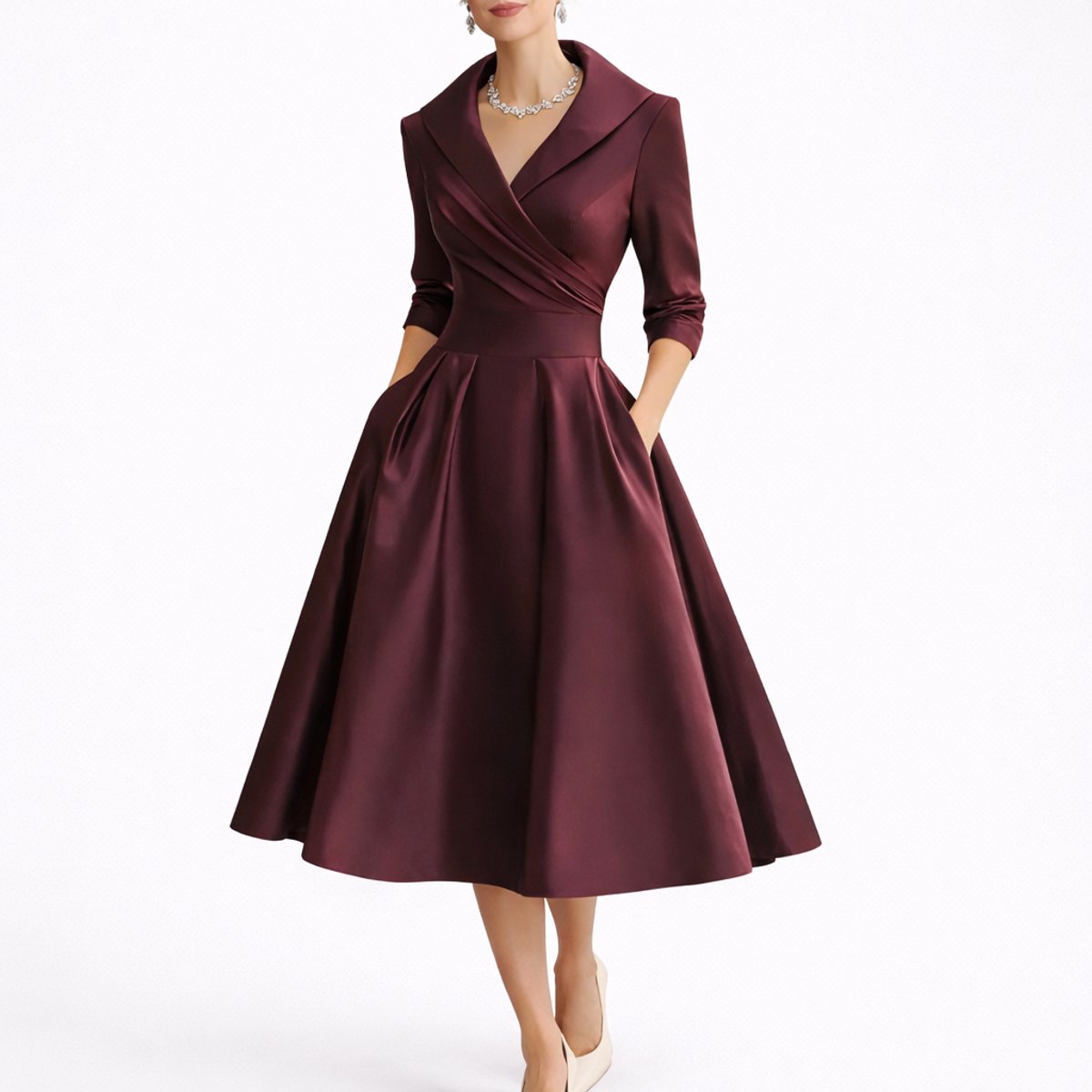 A-Line Wrap Midi Dress – V-Neck 3/4 Sleeve Wedding Guest Dress