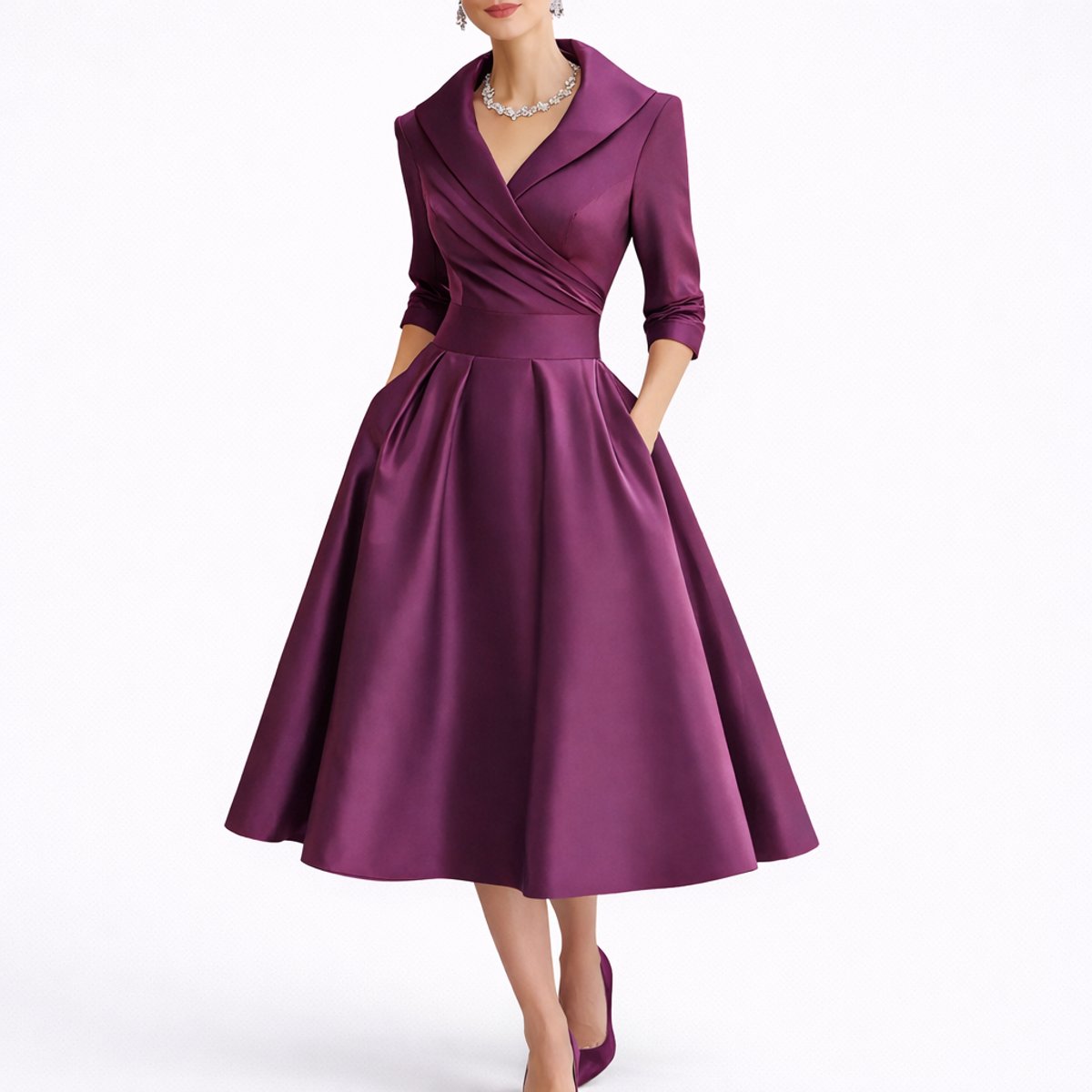 A-Line Wrap Midi Dress – V-Neck 3/4 Sleeve Wedding Guest Dress