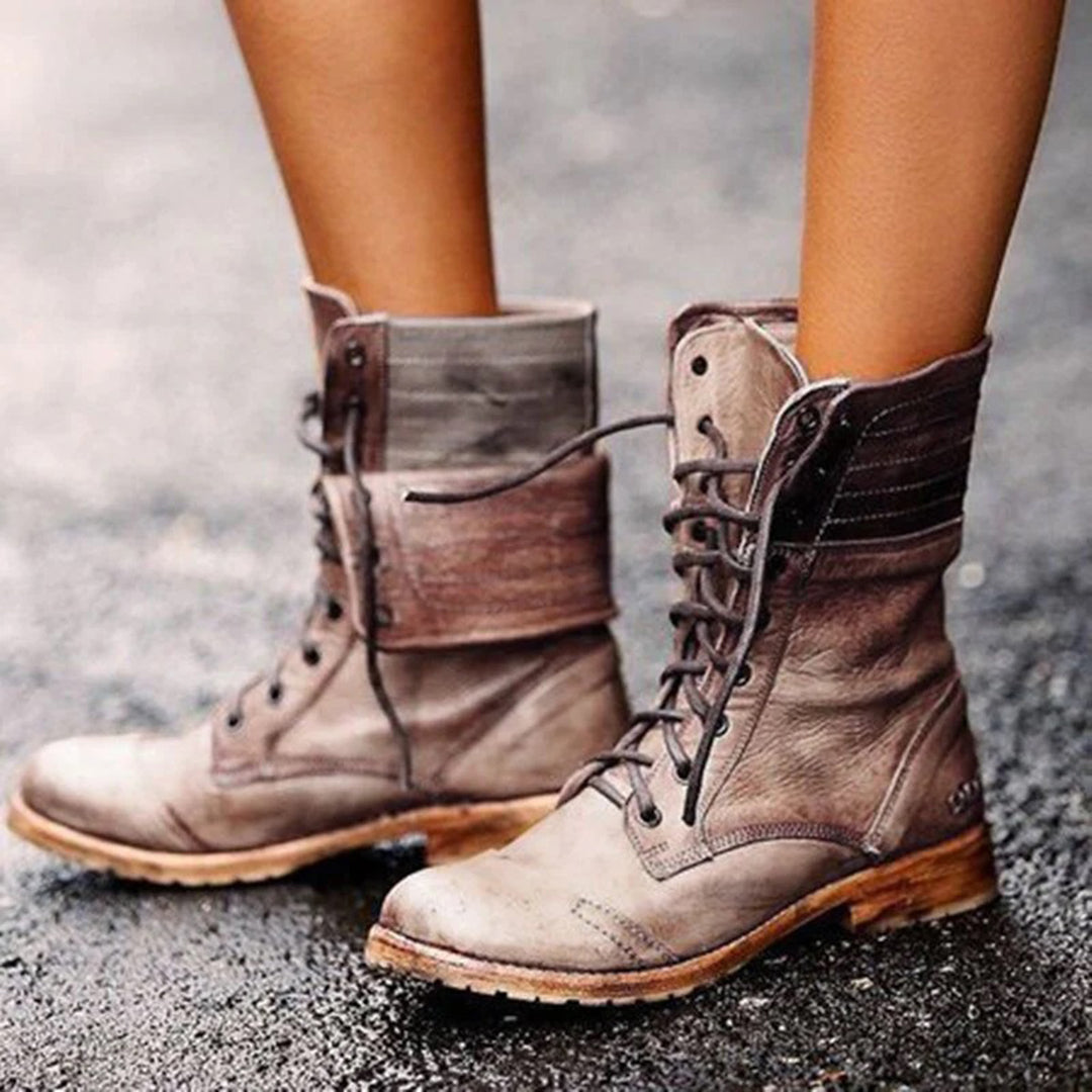 Leather Lace-Up Combat Boots – Women's Mid-Calf Vintage Style