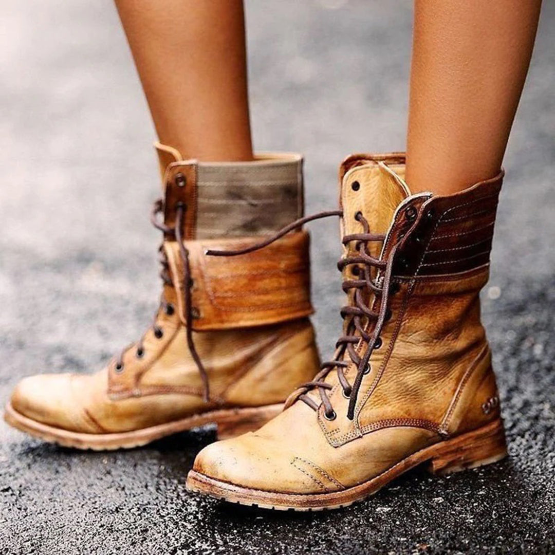 Leather Lace-Up Combat Boots – Women's Mid-Calf Vintage Style