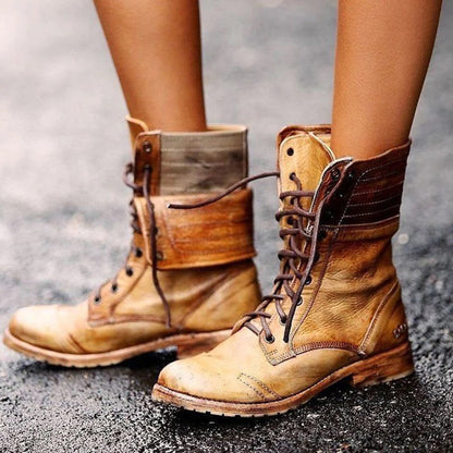 Leather Lace-Up Combat Boots – Women's Mid-Calf Vintage Style