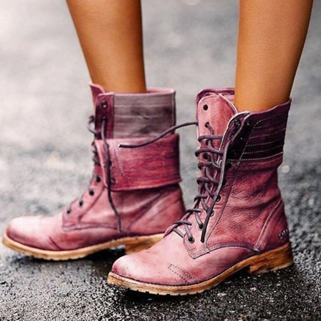 Leather Lace-Up Combat Boots – Women's Mid-Calf Vintage Style