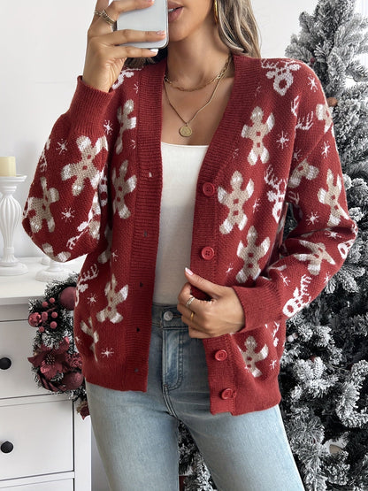 Christmas Knit Cardigan – Reindeer Print Button-Front Holiday Sweater