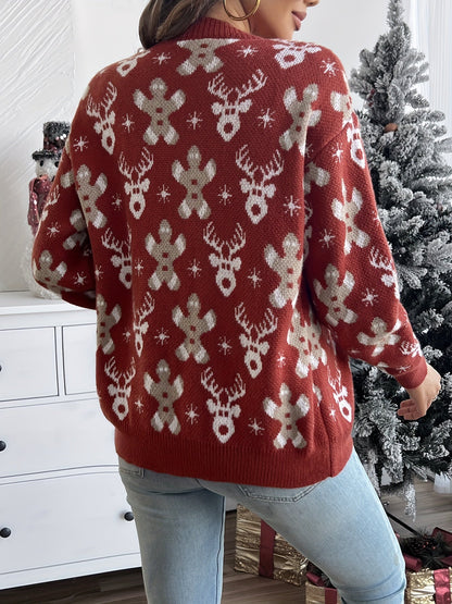 Christmas Knit Cardigan – Reindeer Print Button-Front Holiday Sweater