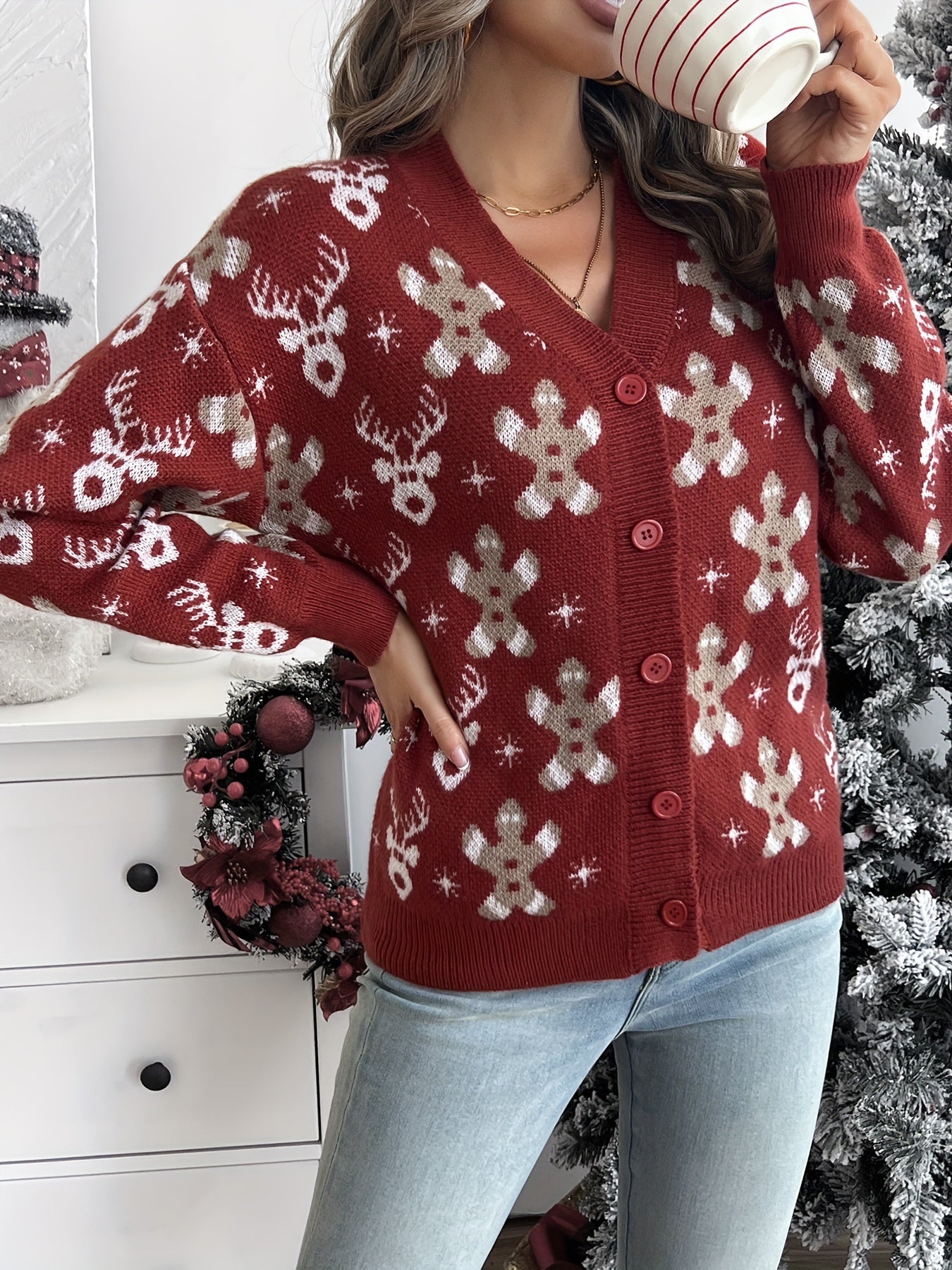 Christmas Knit Cardigan – Reindeer Print Button-Front Holiday Sweater