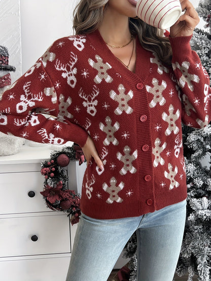 Christmas Knit Cardigan – Reindeer Print Button-Front Holiday Sweater