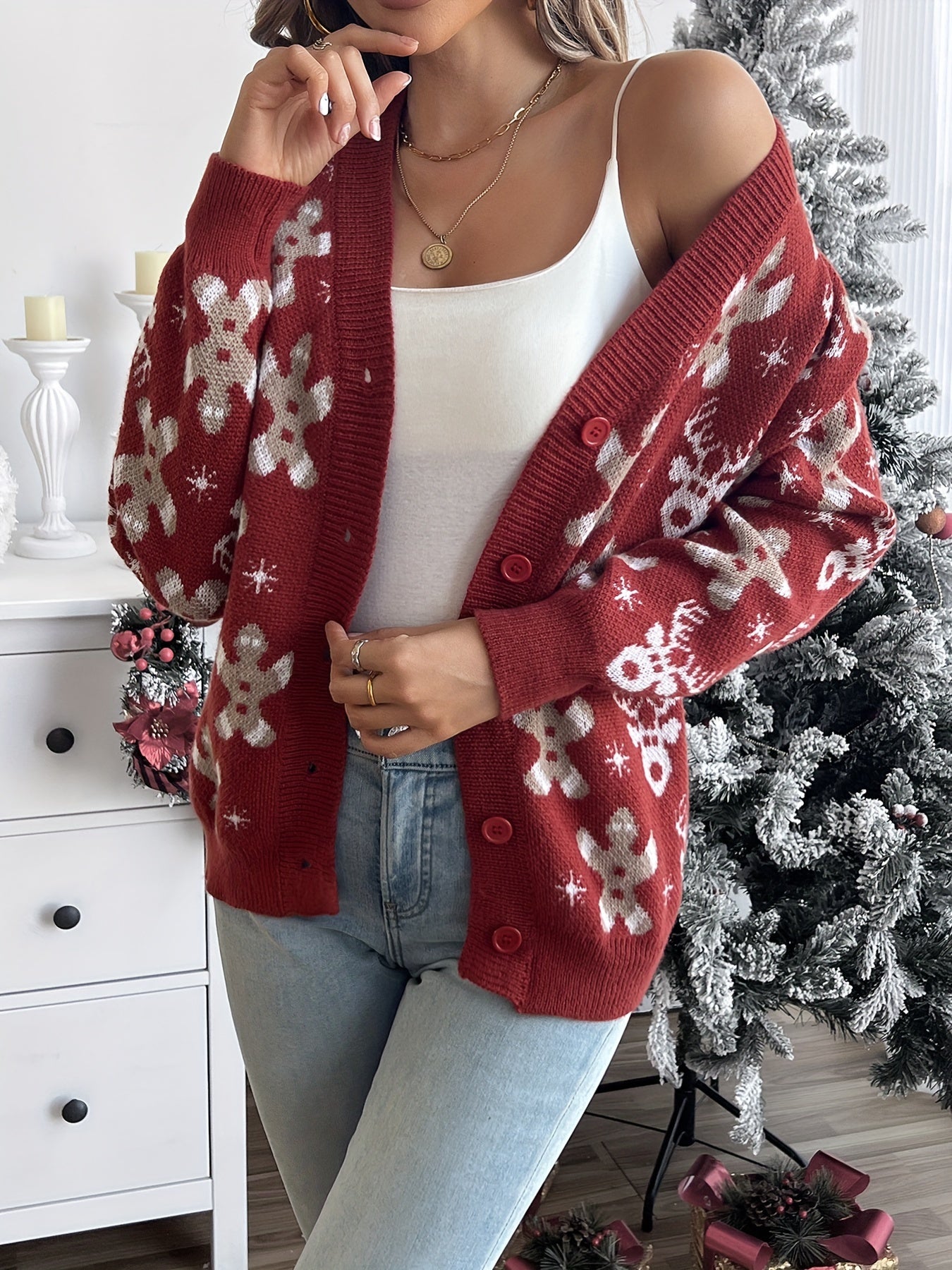 Christmas Knit Cardigan – Reindeer Print Button-Front Holiday Sweater