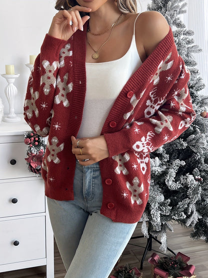 Christmas Knit Cardigan – Reindeer Print Button-Front Holiday Sweater