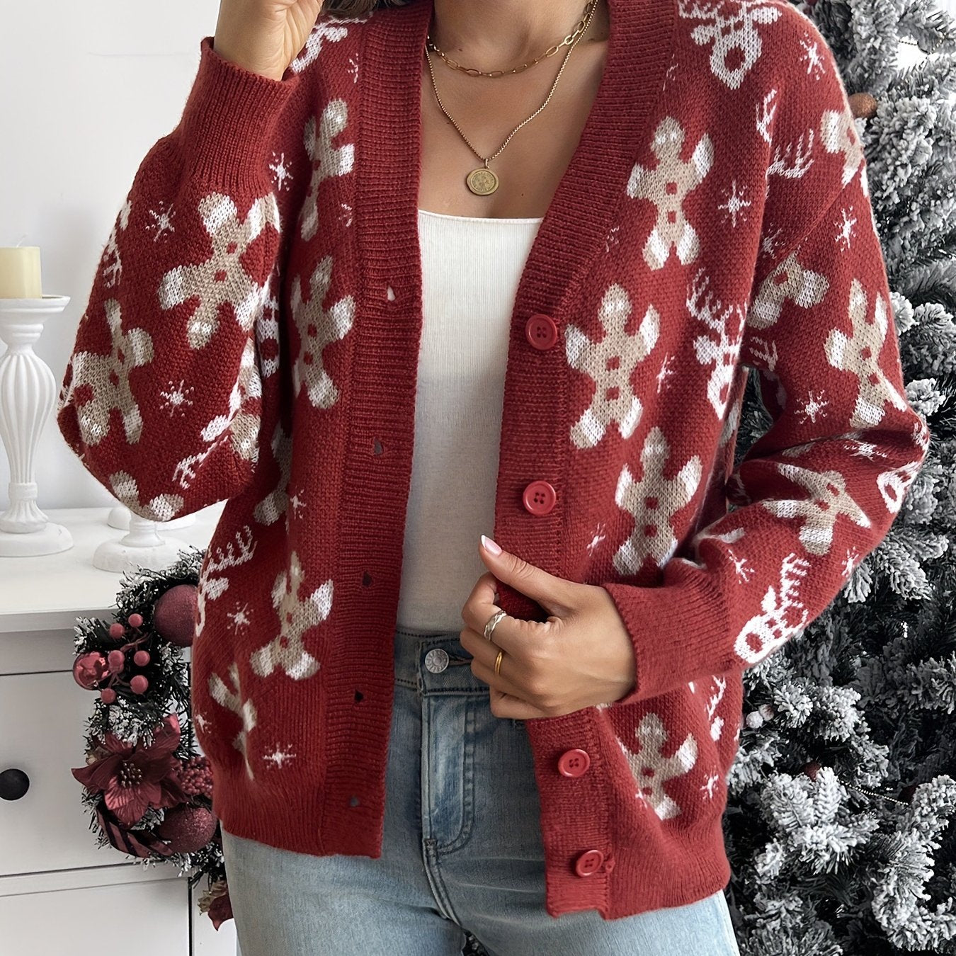Christmas Knit Cardigan – Reindeer Print Button-Front Holiday Sweater