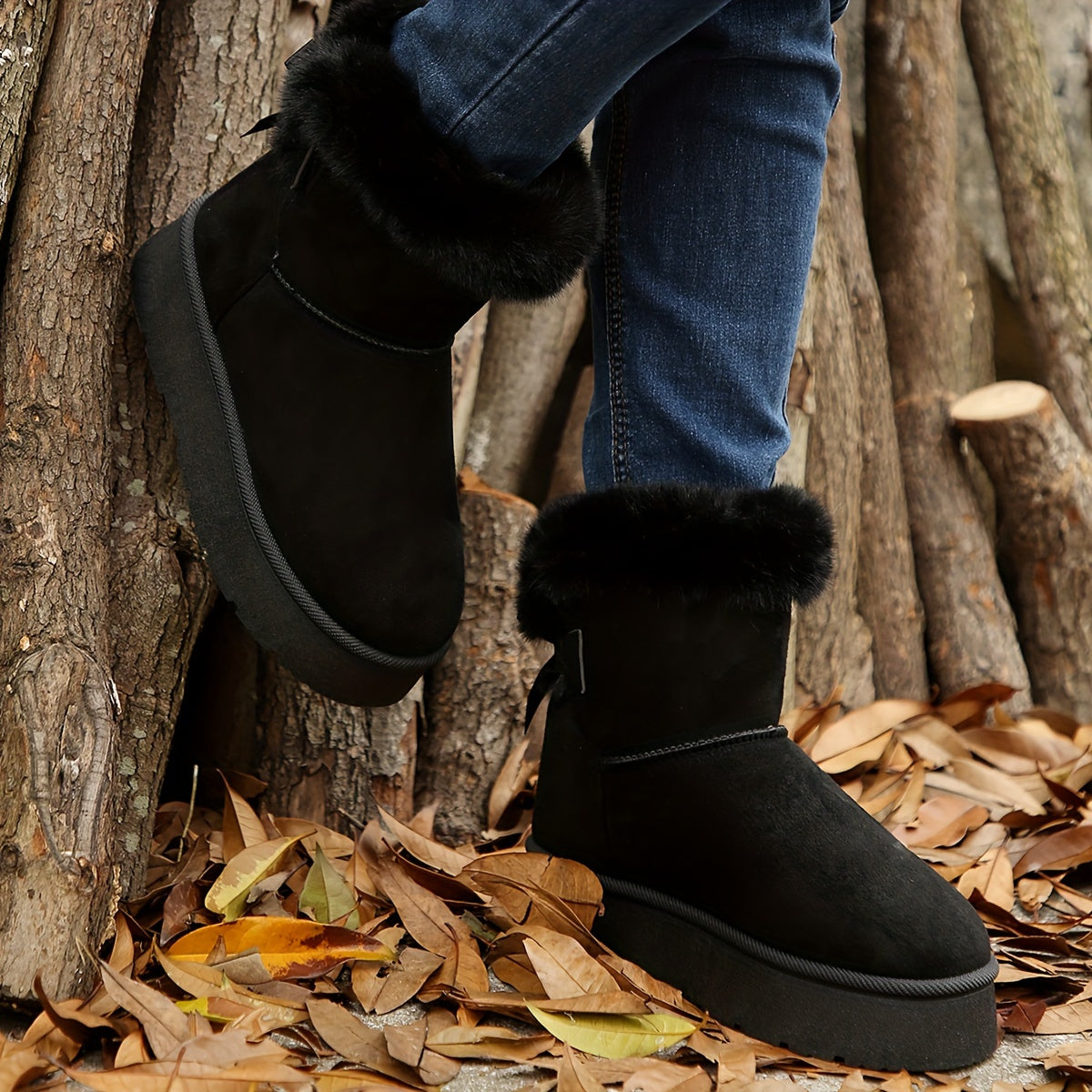 Fur Trim Platform Snow Boots – Fluffy Lined Ankle Boots Women