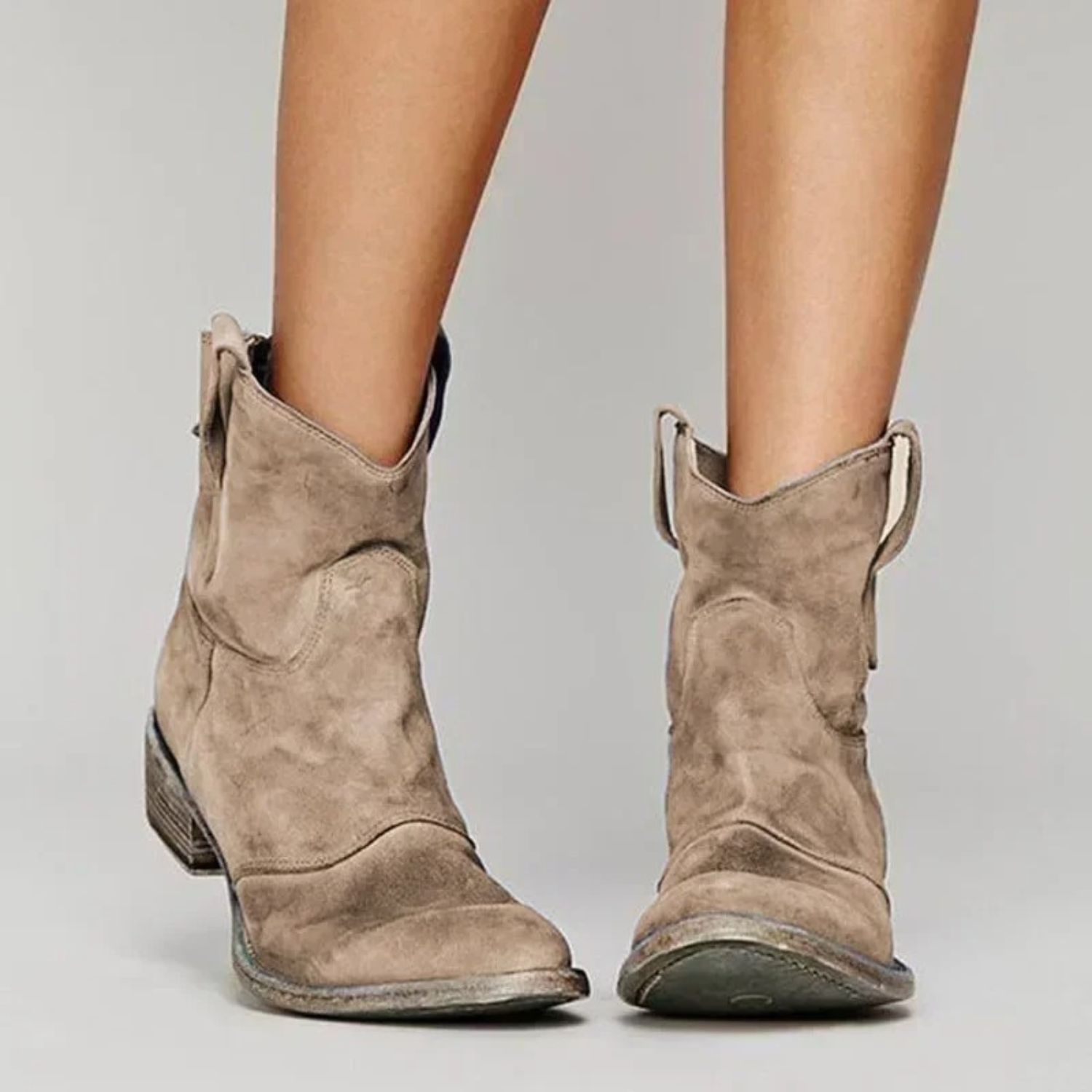 Women's Western Ankle Boots – Faux Suede Low Heel Cowboy Booties