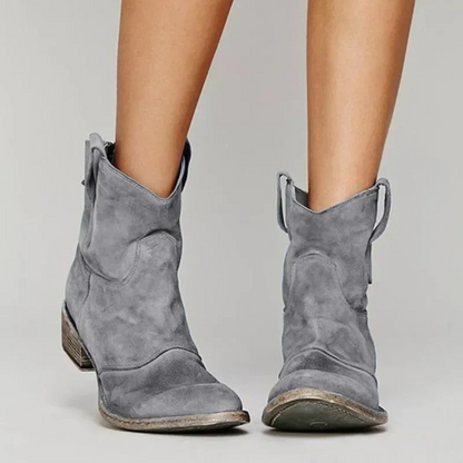 Women's Western Ankle Boots – Faux Suede Low Heel Cowboy Booties