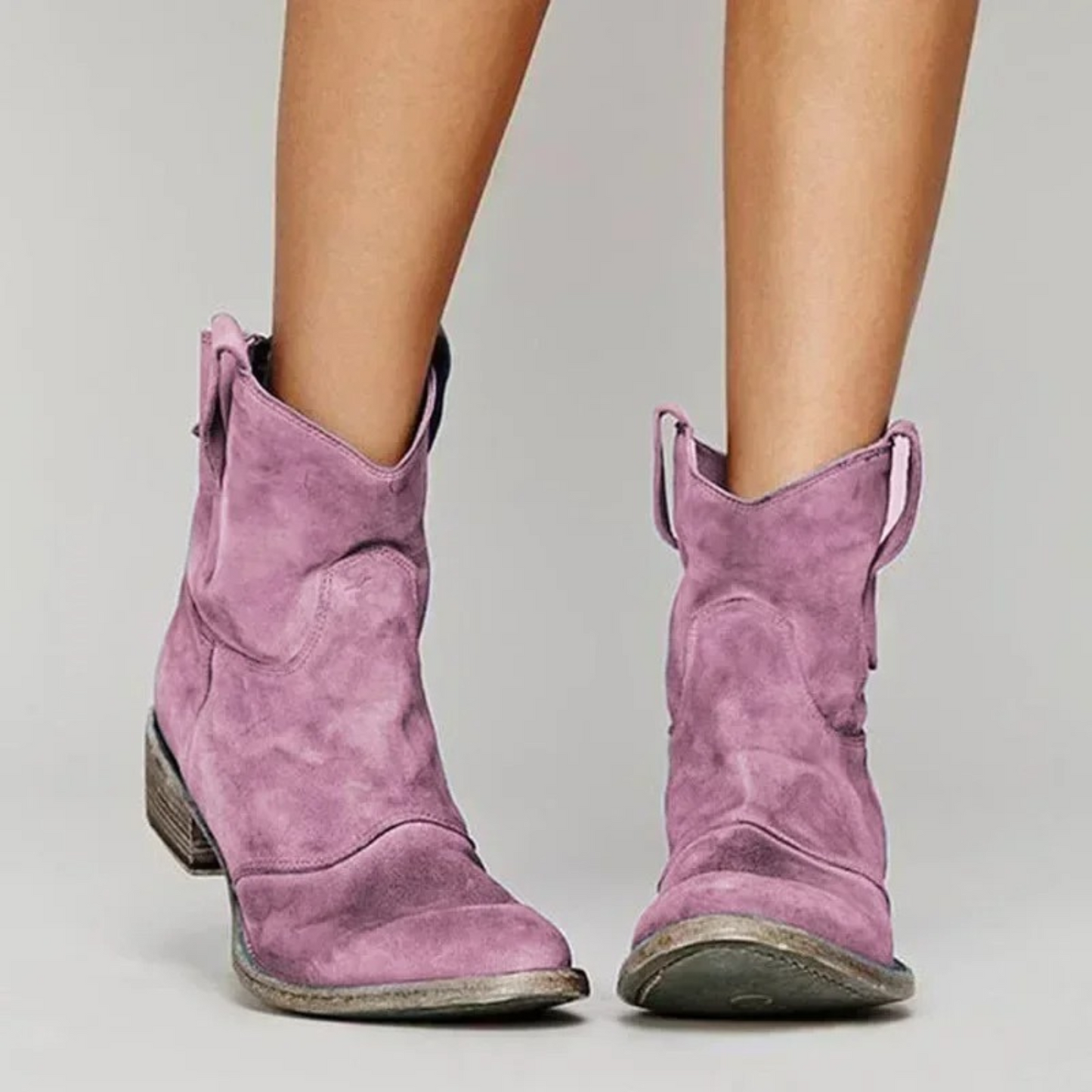 Women's Western Ankle Boots – Faux Suede Low Heel Cowboy Booties