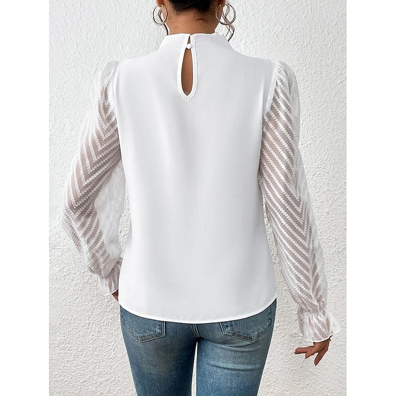 Pleated Mock Neck Blouse – Sheer Lace Sleeve Long Sleeve Top