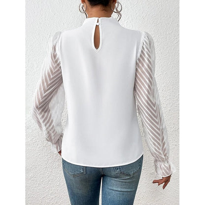 Pleated Mock Neck Blouse – Sheer Lace Sleeve Long Sleeve Top