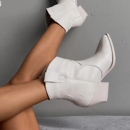 Leather Western Ankle Boots – Pointed Toe Block Heel Cowboy Booties