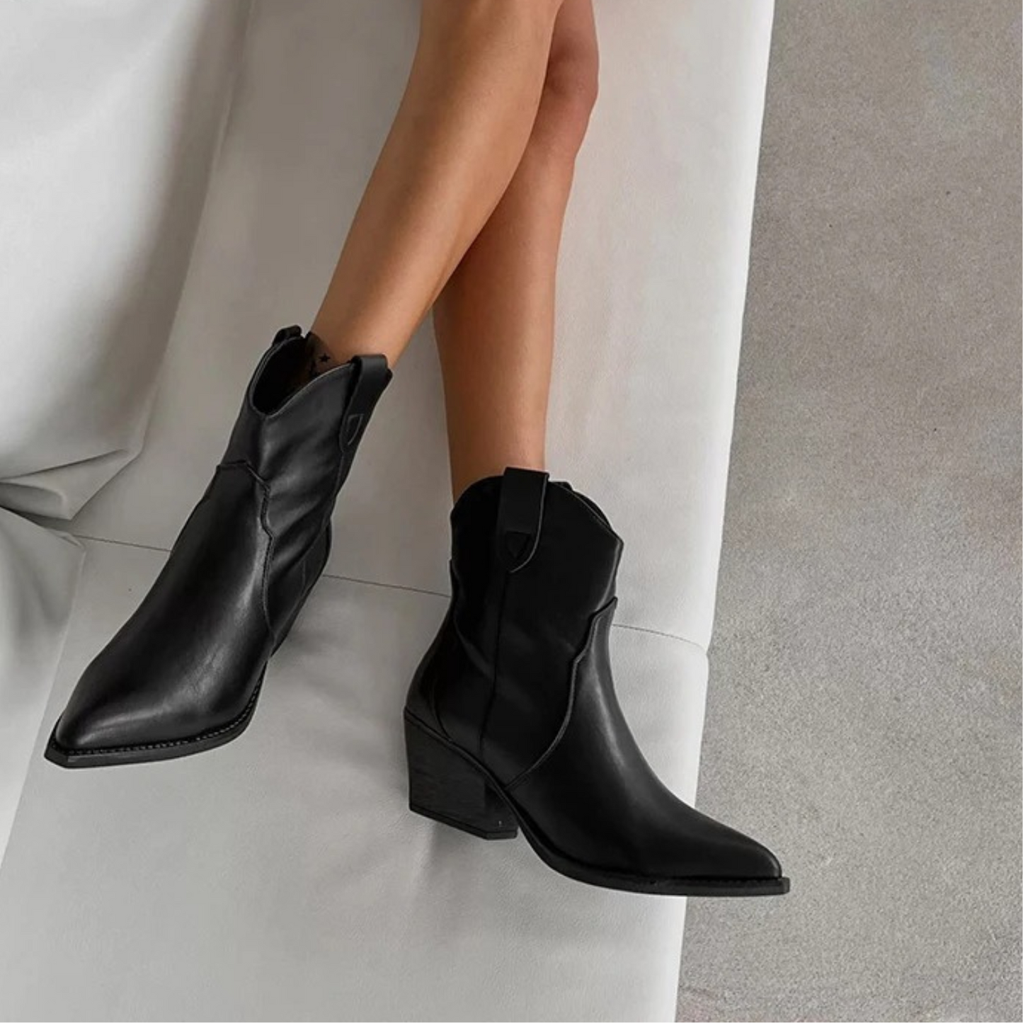 Leather Western Ankle Boots – Pointed Toe Block Heel Cowboy Booties