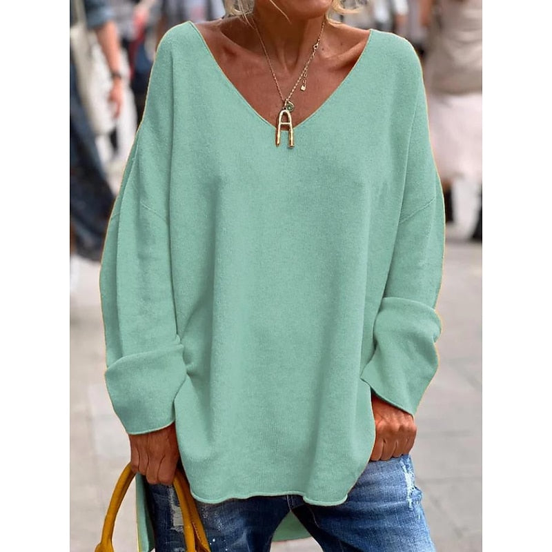 Oversized V-Neck Knit Pullover – Batwing Long Sleeve Side Slit Top