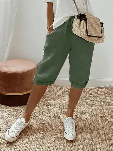 Women's Cotton Linen Capri Pants – Relaxed Fit Cropped Trousers with Drawstring Waist