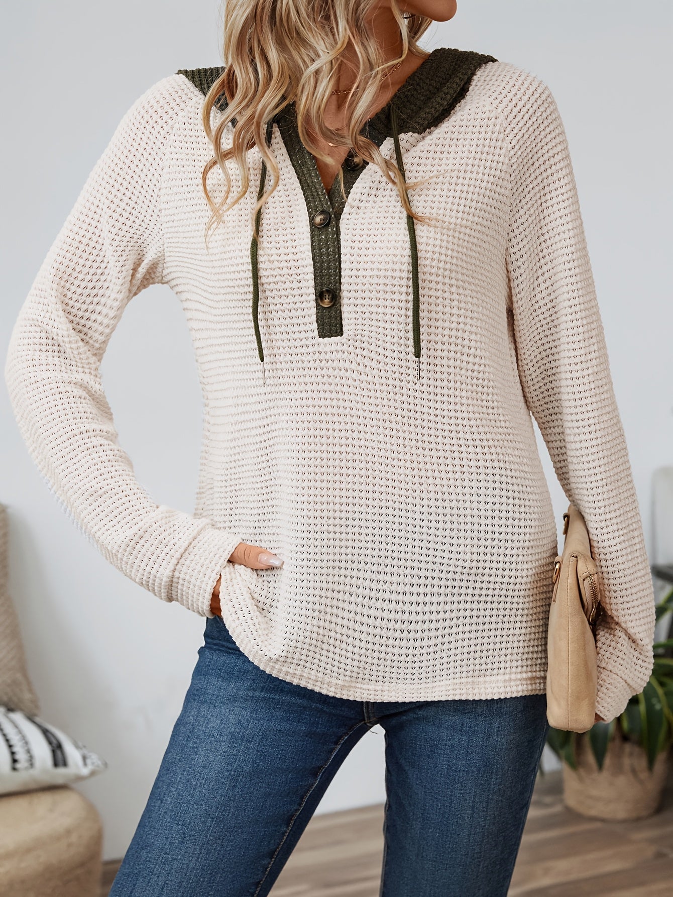 Waffle Knit Hoodie Top – Color Block Henley Long Sleeve