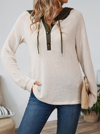 Waffle Knit Hoodie Top – Color Block Henley Long Sleeve