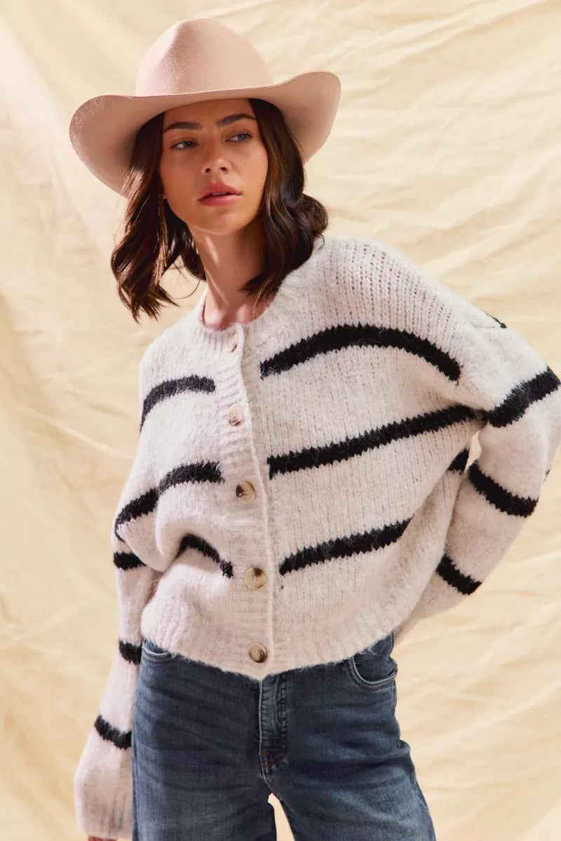 Striped Knit Cardigan – Button-Front Crew Neck Relaxed Fit