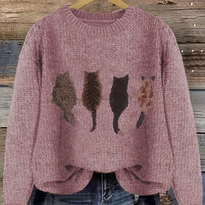 Cat Print Knit Pullover Sweater – Crewneck Relaxed Fit Long Sleeve