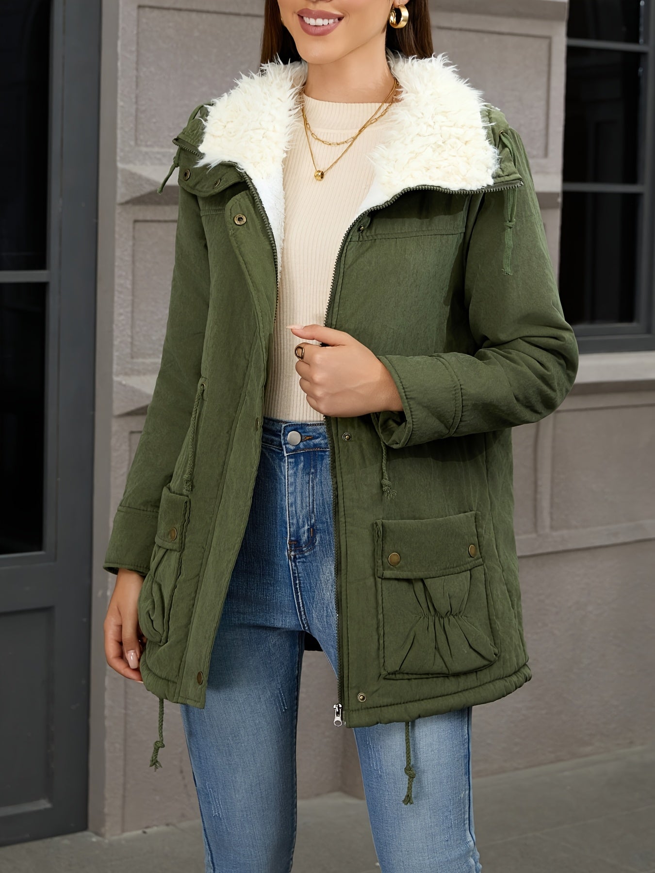 Fleece-Lined Hooded Parka – Women's Drawstring Waist Winter Coat